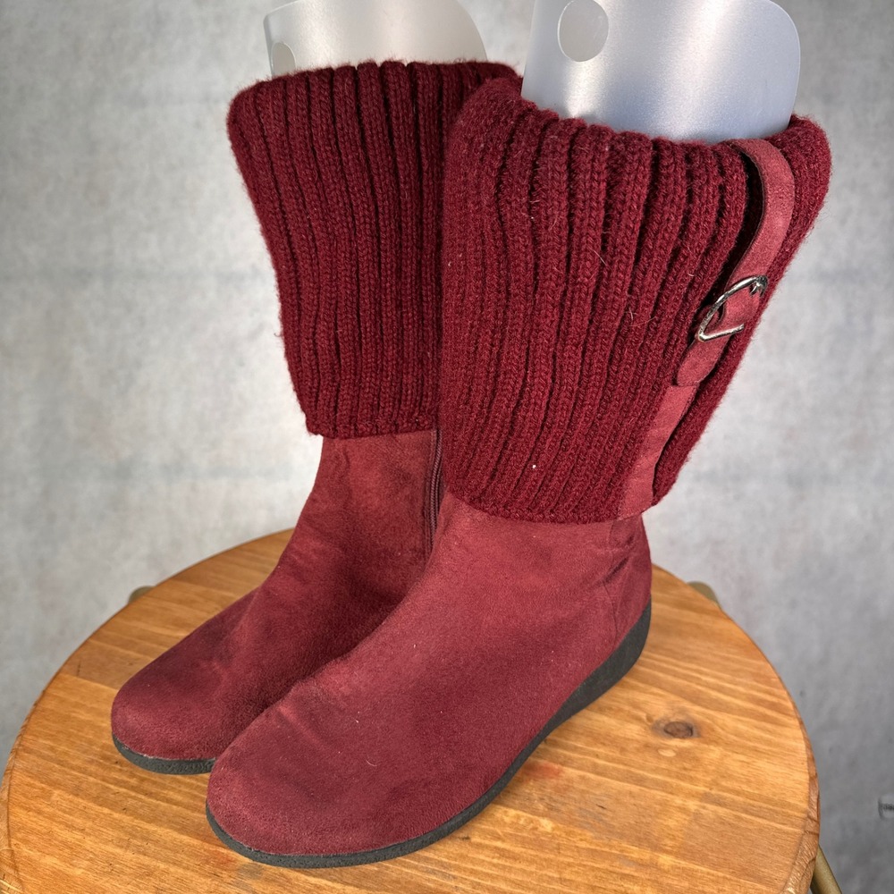 Comfortview Mid-Calf Boots Women 8 Burgundy Excellent Knit Cuff Buckle Suede
